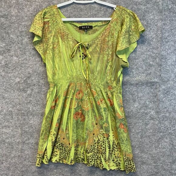 BLEU Y2K Top Women's Large Green Flutter Sleeve Floral Rhinestones Smocked Waist - Picture 1 of 11